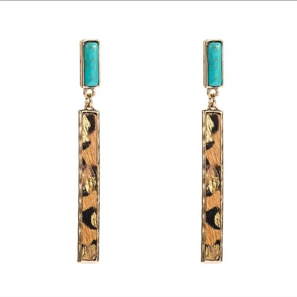 New TURQUOISE & LEOPARD bar dangle earrings with gold accents - Picture 7 of 9